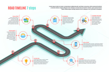 Isometric navigation map infographic 7 steps timeline concept. Winding road.