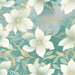Neutral ivory and grey gradient background with pale ivory leaves teal five petal flowers pattern AI Generated
