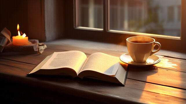 book with cup of tea on wooden table