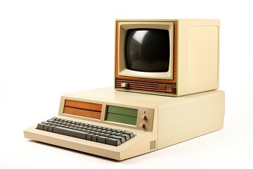 An 8-bit vintage desktop computer, complete with a classic keyboard and monitor, representing a nostalgic piece of technology history in the workplace...... - obrazy, fototapety, plakaty