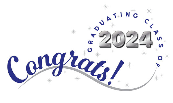 White background - Congrats Graduates Text - in Dark Blue with 2024 in Silver - Elegant and Dynamic style with type on wave and graduating class of in circle around year. Stars highlight the text.