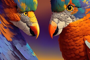 Obraz premium Colorful magic parrot, cartoon style painting. Generative ai art illustration