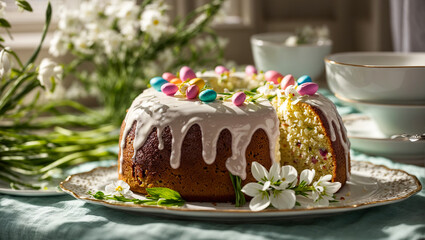 Easter cake, flowers on the background of the kitchen