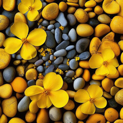 Obraz na płótnie Canvas Mustard flowers, pebbles, modern, vibrant background AI Generated