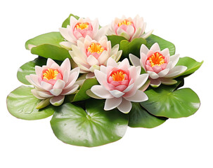 group of blooming floating water lilies, png file of isolated cutout object on transparent background.