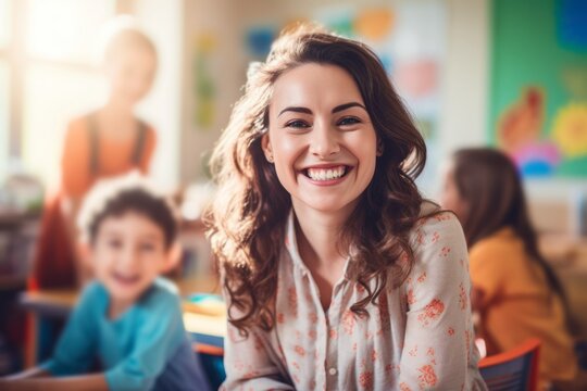 smiling  preschool teacher in classroom