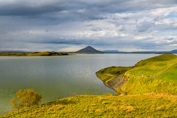Beautiful Myvatn lake close to Skutustadagigar craters in Iceland