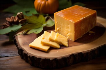 &nbsp;Сutting pieces of smoked cheese on a wooden cutting board