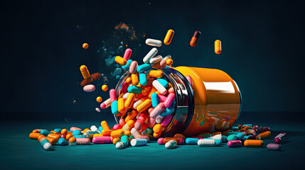 Medicine bottle spilling colorful pills depicting addiction risks, AI Generated