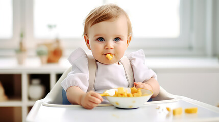 Obraz na płótnie Canvas A little baby sits in a highchair and eats a healthy, fresh breakfast. The benefits of fruit for babies, the first complementary food. 