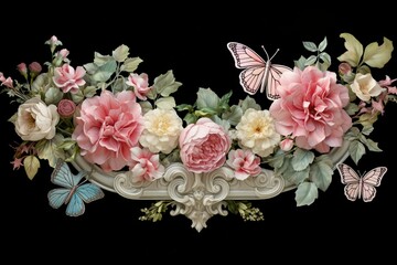 A mesmerizing arrangement of butterflies, hibiscus, roses, and peonies within a charming border. Generative AI