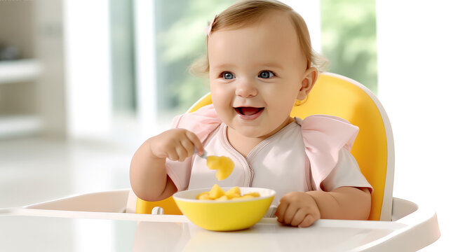 A little baby sits in a highchair and eats a healthy, fresh breakfast. The benefits of fruit for babies, the first complementary food. 