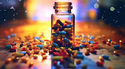 Medicine bottle spilling colorful pills depicting addiction risk, AI Generated - obrazy, fototapety, plakaty