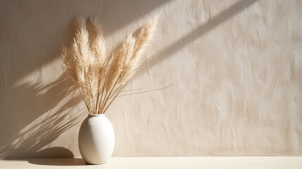 Minimal style interior, ceramic vase with pampas dry grass, empty blank plaster wall with shadow on background, neutral beige warm colors.  - Powered by Adobe