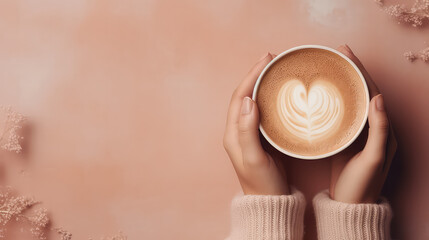 Top view of a female hands in a warm sweater holding mug of delicious cappuccino coffee. Pastel pink background with copy space, banner template.  - Powered by Adobe