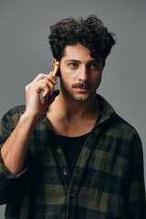 Man smile beautiful stylish background phone lifestyle studio happy technology grey beard