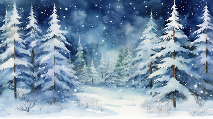 Obraz premium A magical evening forest on Christmas Eve. Winter landscape with fir trees and snowflakes. Digital painting.