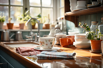 Clean dishes stand on table by sink in cozy rustic kitchen with a large window