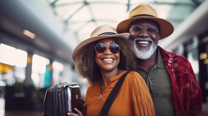 Black Senior Couple Posing for Photo at Airport, Ready for Vacation