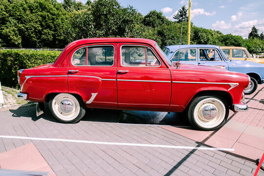 Moskvich-402 car made in USSR 1950s. Retro auto Moskvich 402 parked on street, side view