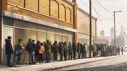 A long queue outside a food bank, with people from diverse backgrounds waiting patiently, signifying the hidden realities of food insecurity even in developed nations - obrazy, fototapety, plakaty