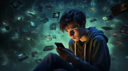 A teenager isolated in a dimly lit room, surrounded by hurtful social media comments on a screen, addressing the alarming rise of cyberbullying and its mental health implications - obrazy, fototapety, plakaty