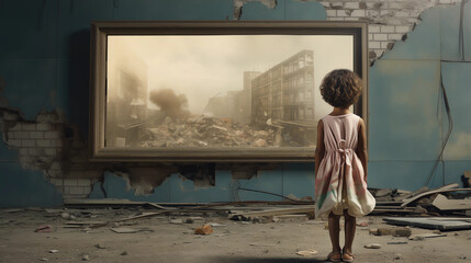 A young child in a dilapidated classroom, gazing longingly at a billboard promoting luxury goods outside, shedding light on the educational disparities and misplaced societal values
