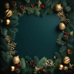 Fototapeta na wymiar Christmas background with fir tree and gold decor, on a dark green background