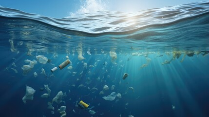 Plastic bags and bottles in ocean or sea. Environmental pollution problem of rubbish and trash in the oceans and seas - obrazy, fototapety, plakaty