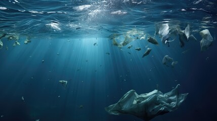 Plastic bags and bottles in ocean or sea. Environmental pollution problem of rubbish and trash in the oceans and seas