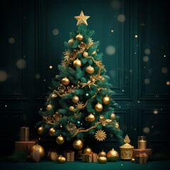 Christmas background with fir tree and gold decor, on a dark green background