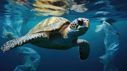 Foto op Plexiglas Sea turtle trapped in plastic bags. Environmental pollution problem of rubbish and trash in the oceans and seas © eireenz