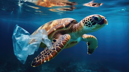 Obraz premium Sea turtle trapped in plastic bags. Environmental pollution problem of rubbish and trash in the oceans and seas