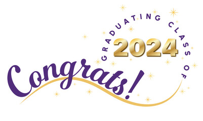 White background - Congrats Graduates Text - in purple with 2024 in gold metallic - Elegant and Dynamic style with type on wave and graduating class of in circle around year. Stars highlight the text.