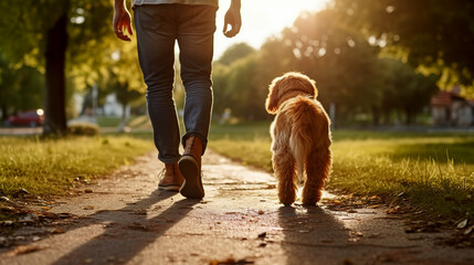A man walks with his dog in the park at sunset. The guy and the dog go into the distance along the path. The concept of walking dogs, parting. Back view of a man with a dog walking in a park. - obrazy, fototapety, plakaty