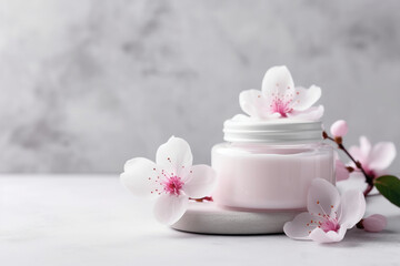Fototapeta na wymiar Gentle moisturizing cream with sakura flowers.