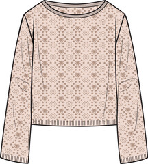 Women's Crochet Jumper- Technical fashion illustration. Front, neutral colour. Women's CAD mock-up. - obrazy, fototapety, plakaty