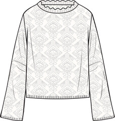 Women's Crochet Jumper- Technical fashion illustration. Front, off white colour. Women's CAD mock-up. - obrazy, fototapety, plakaty