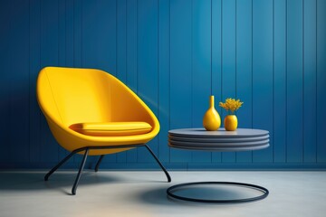 Yellow armchair with matching side table and plant in a modern room with a vibrant blue wall, stylish and comfortable interior design