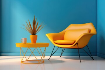 Yellow armchair with matching side table and plant in a modern room with a vibrant blue wall, stylish and comfortable interior design