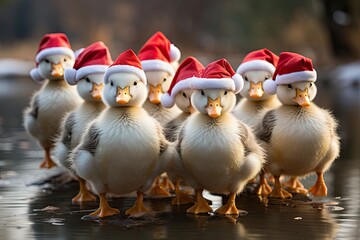 flock of ducks waddling - wearing a tiny Santa hat - whimsical holiday parade - animal christmas parade - generative ai - obrazy, fototapety, plakaty