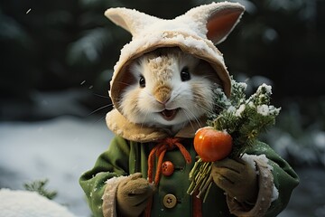 rabbit dressed as a Christmas elf - helping santa clause - bunny helps for X-mas - generative ai - obrazy, fototapety, plakaty