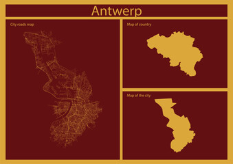 Red Poster of the city of Antwerp with golden road map of the city, map of the city, and map of the country on golden background