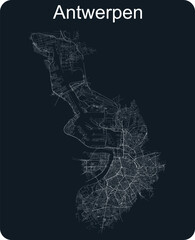 White road map of the city of Antwerp on dark blue background