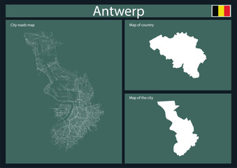 Blue Poster of the city of Antwerp with white road map of the city, map of the city, and map and flag of the country on dark blue background