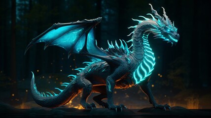 Obraz premium Bioluminescent face blue dragon animal picture AI generated art