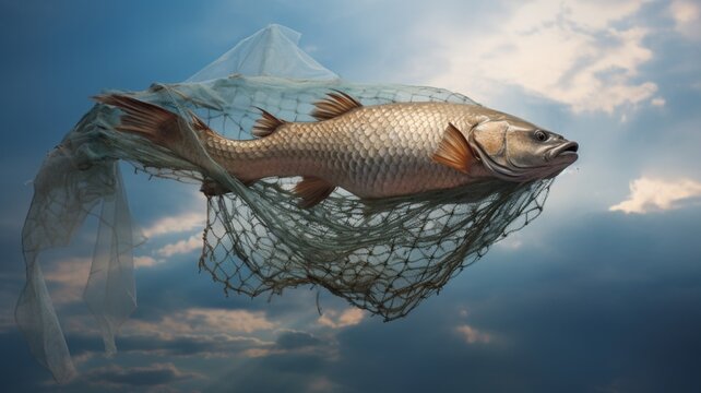 Big fish jumped over fishing net image AI generated art