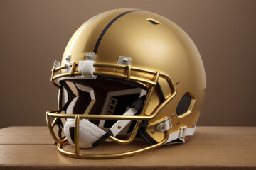 Naklejka premium Golden American football helmet 3d Illustration. Side view, on table, generative ai