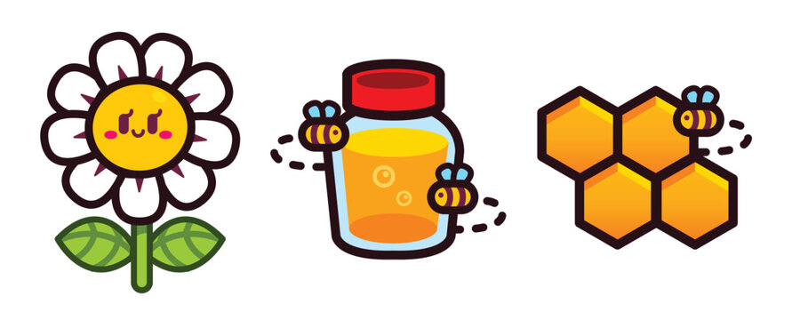 Cute flower and bees with a jar of honey and honeycomb.