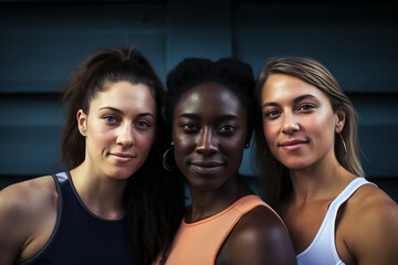 Obraz premium Portrait of young multiethnic athletic sports women outdoor. Friendship and diversity topic for fitness and marketing campaign.
